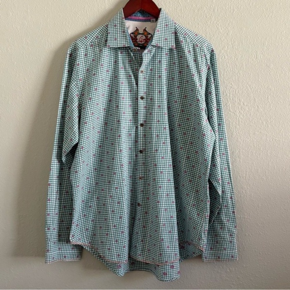 Artsy and Bold Robert Graham Statement Men's Button-Up Shirt –‎ XL Teal Gingham
